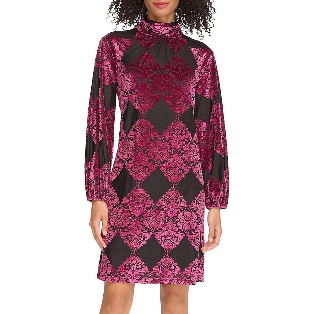 Vince Camuto Magenta Burnout Velvet Mock Neck Balloon Sleeve Mini Dress 16 NWT